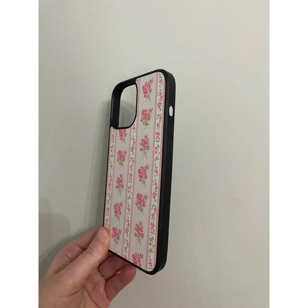 iPhone 12 Pro Max Case Womens Pink Floral Rose Cottagecore Shabby Chic Black